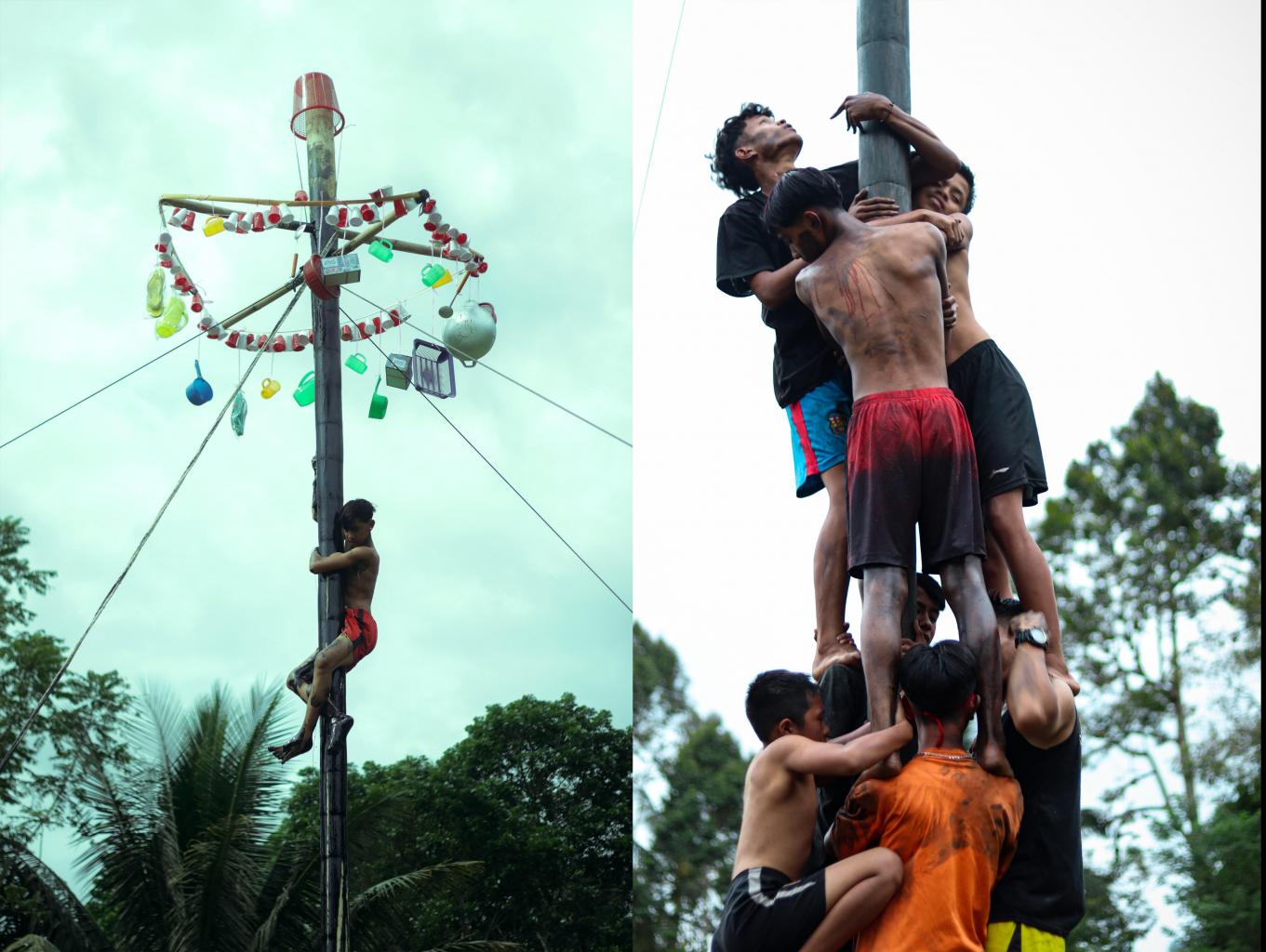 Menyaksikan dan mengikuti permainan daerah panjat pinang di Desa Wisata Nagata